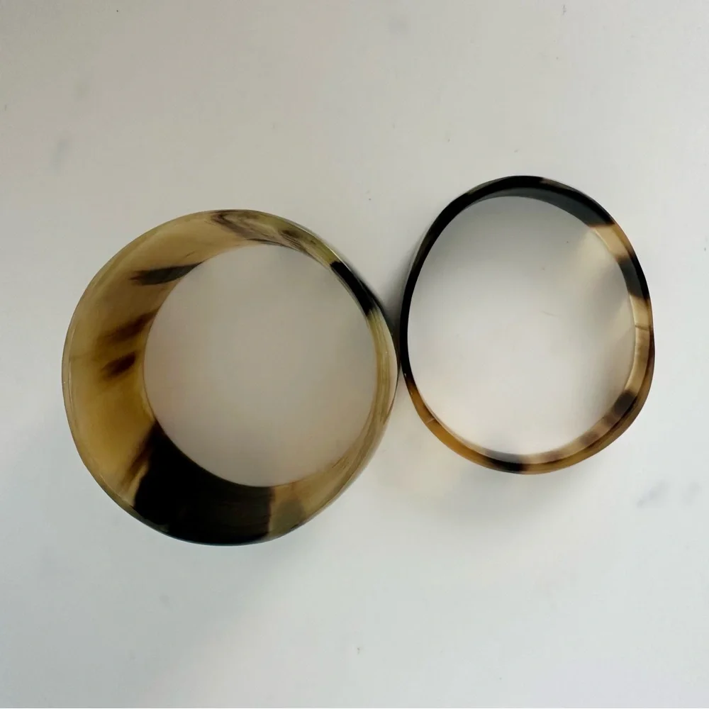 2 Vintage Natural Horn Bangle Handcrafted Bracelets, Brown Beige Black, Set